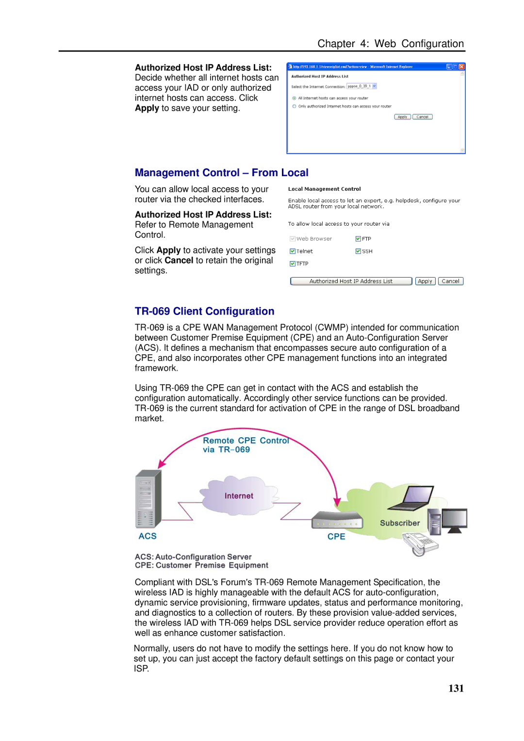 Dynalink RTA1046VW user manual Management Control From Local, TR-069 Client Configuration, 131 