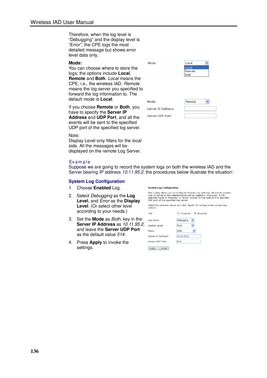 Dynalink RTA1046VW user manual 136, Mode, System Log Configuration 