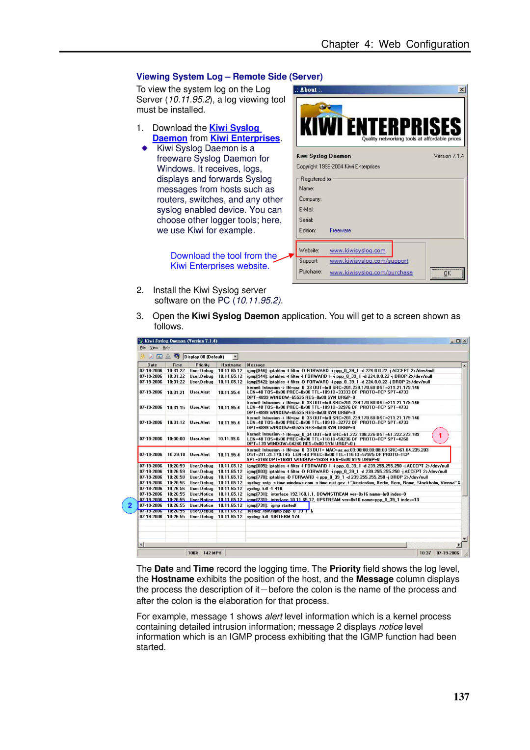 Dynalink RTA1046VW user manual 137, Viewing System Log Remote Side Server 