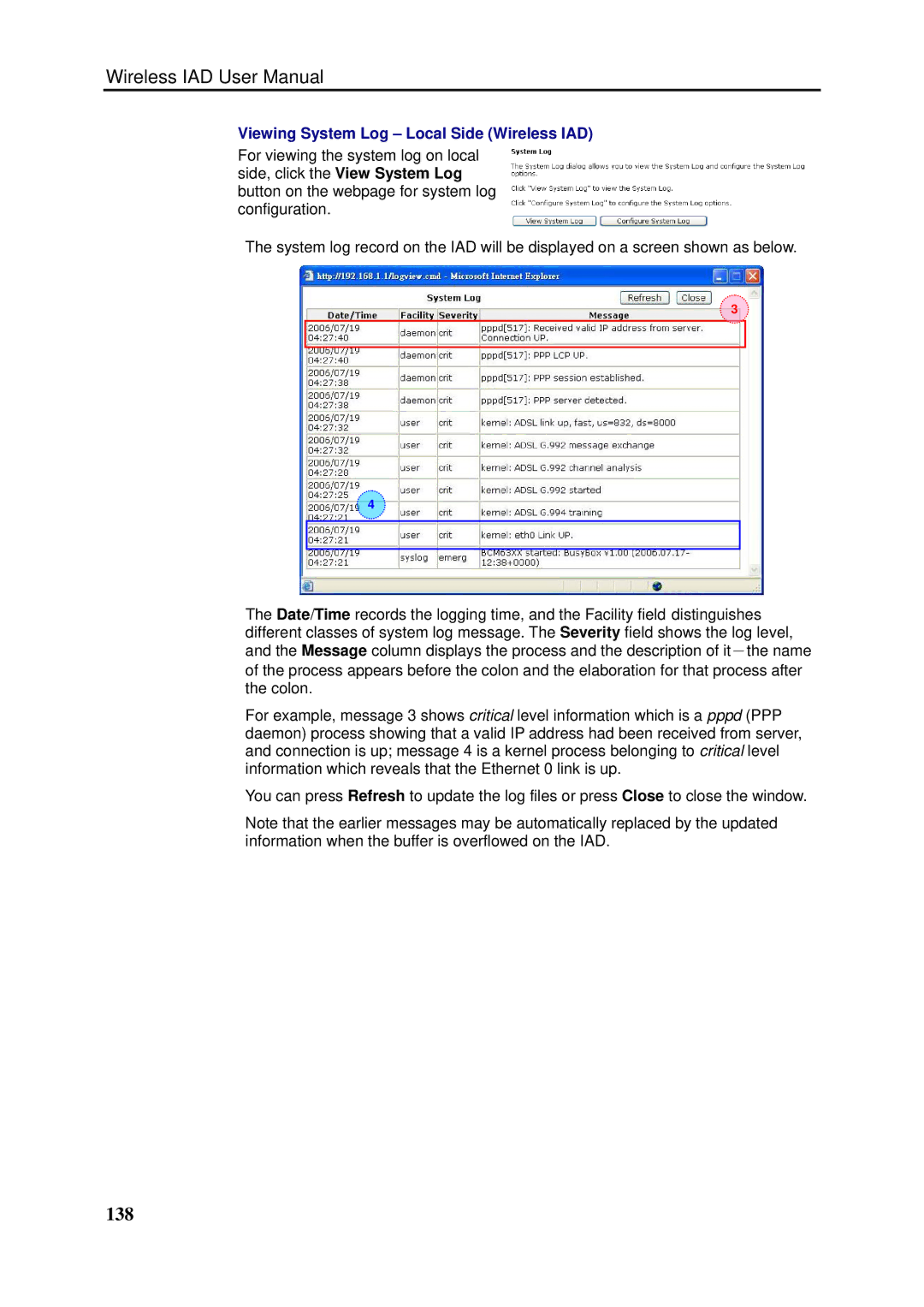 Dynalink RTA1046VW user manual 138, Viewing System Log Local Side Wireless IAD 