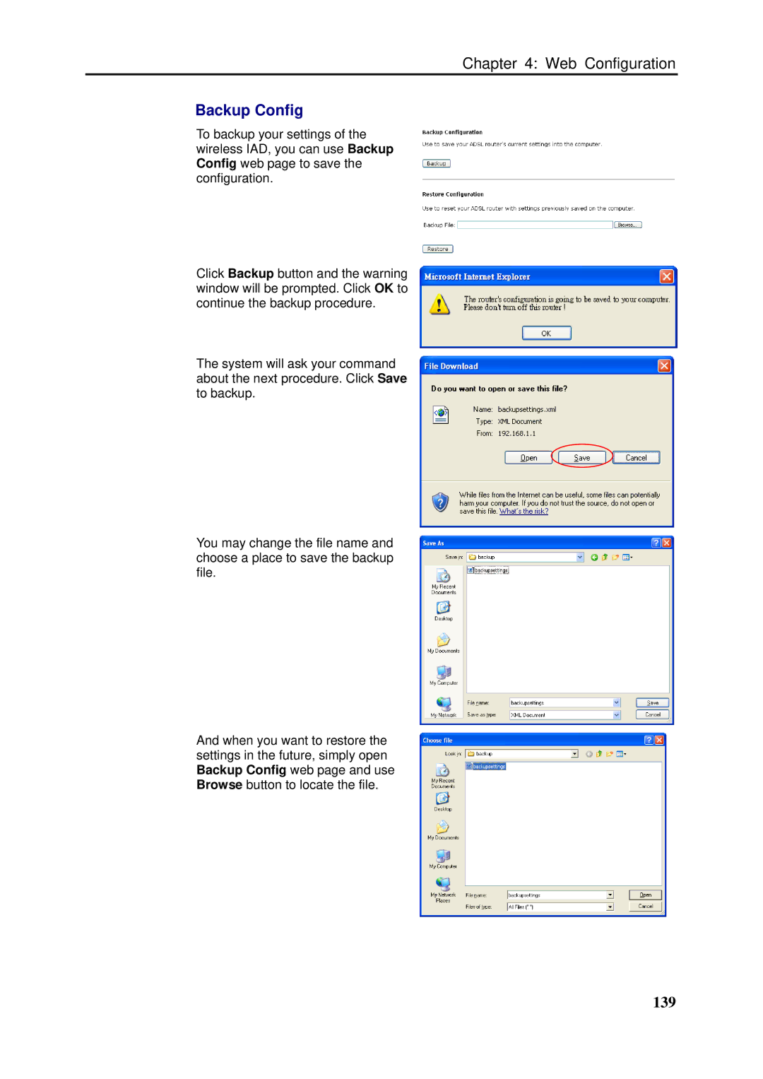 Dynalink RTA1046VW user manual Backup Config, 139 