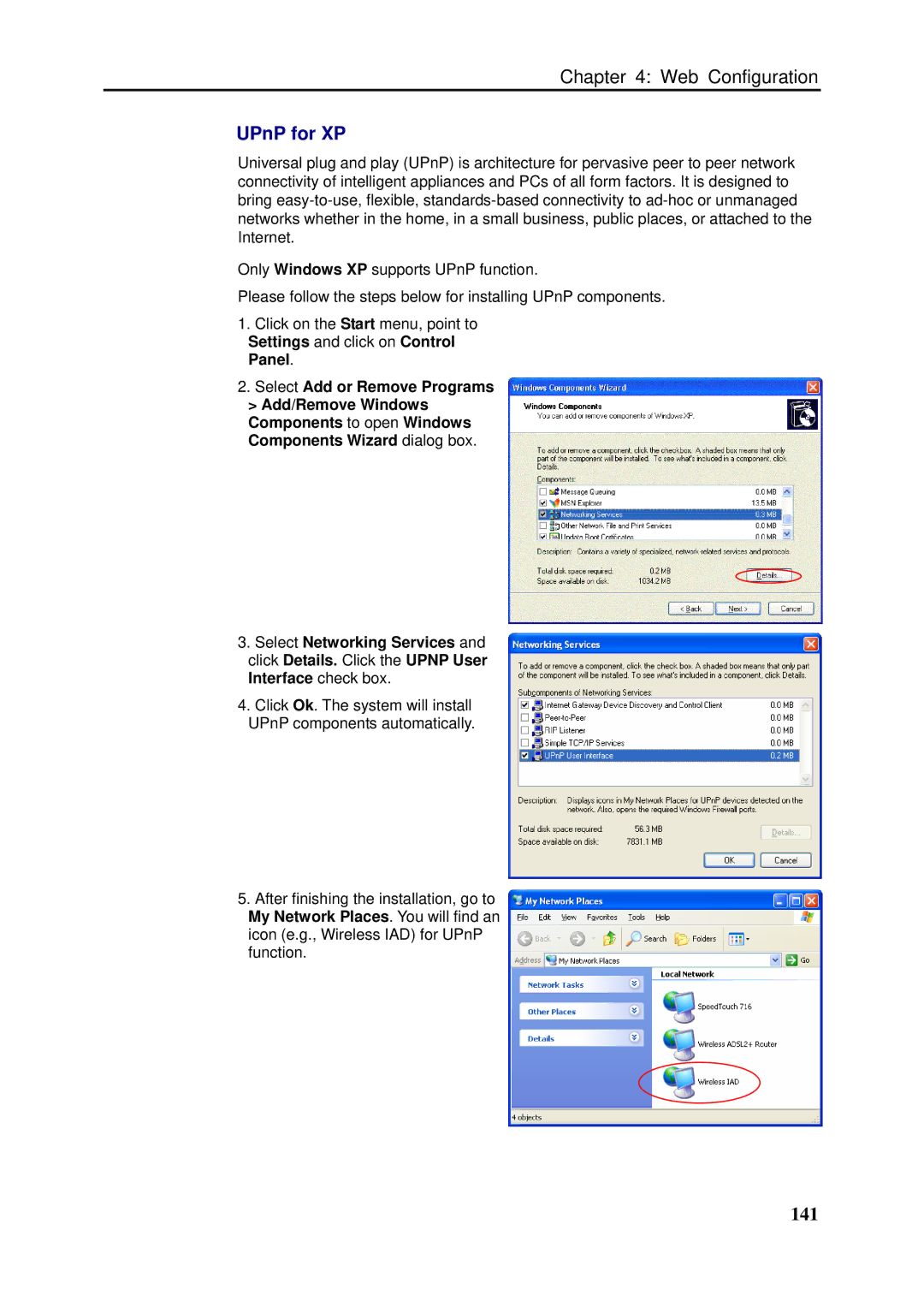 Dynalink RTA1046VW user manual UPnP for XP, 141 