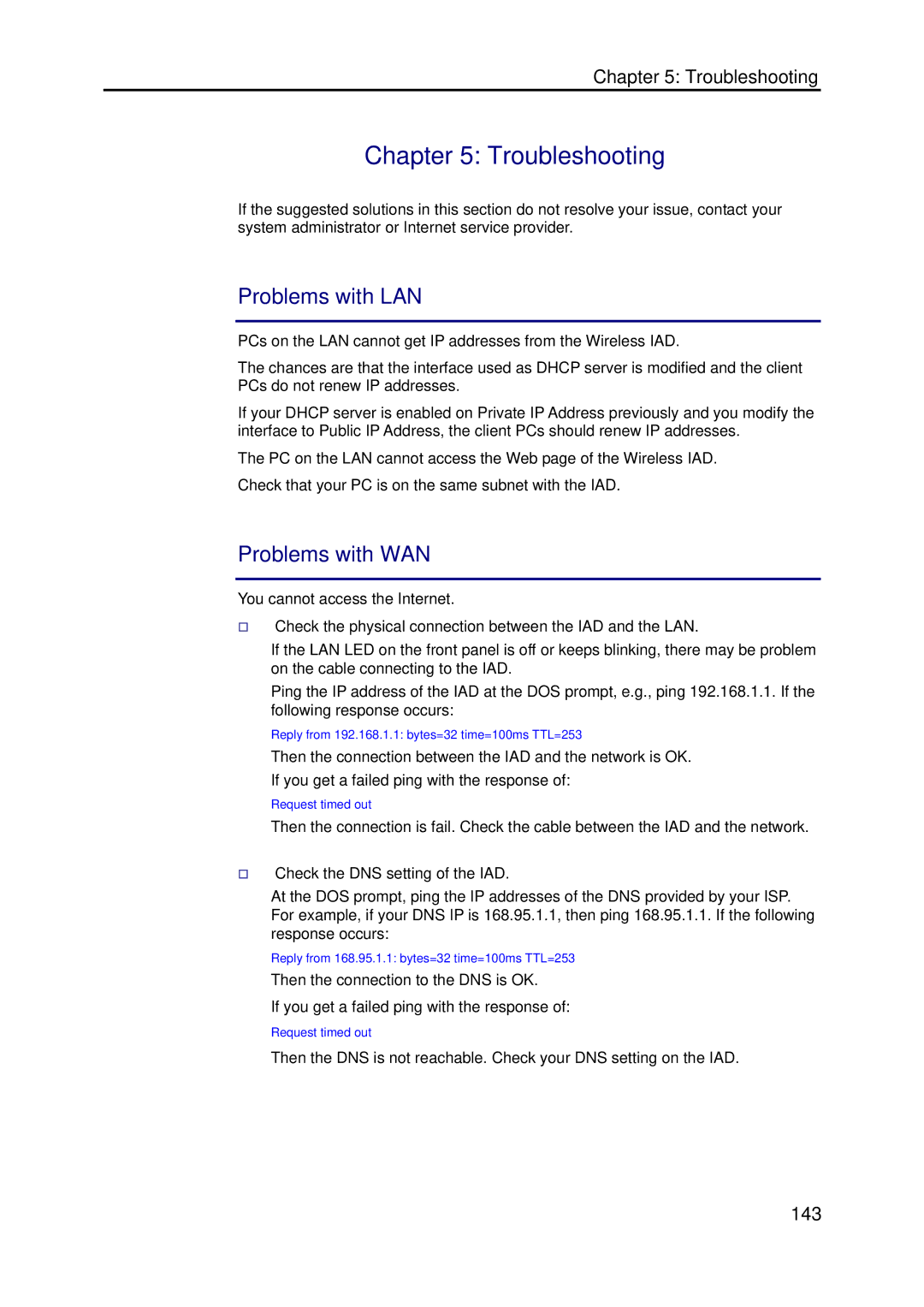 Dynalink RTA1046VW user manual Problems with LAN, Problems with WAN, 143 