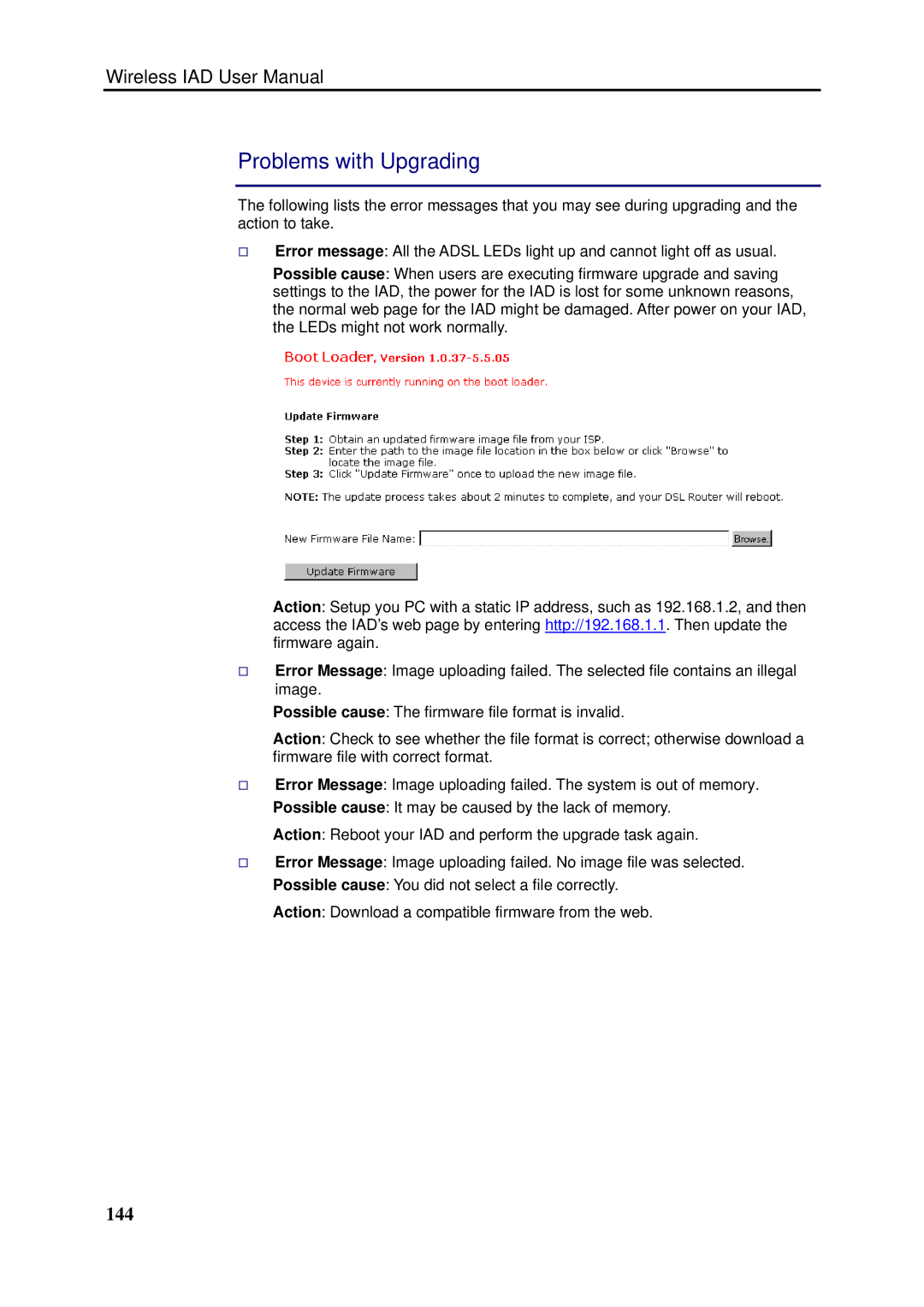 Dynalink RTA1046VW user manual Problems with Upgrading, 144 