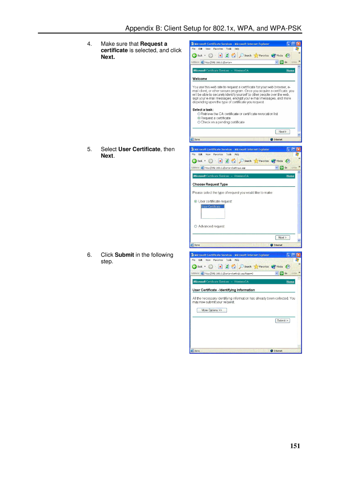 Dynalink RTA1046VW user manual 151, Next Select User Certificate, then Next 