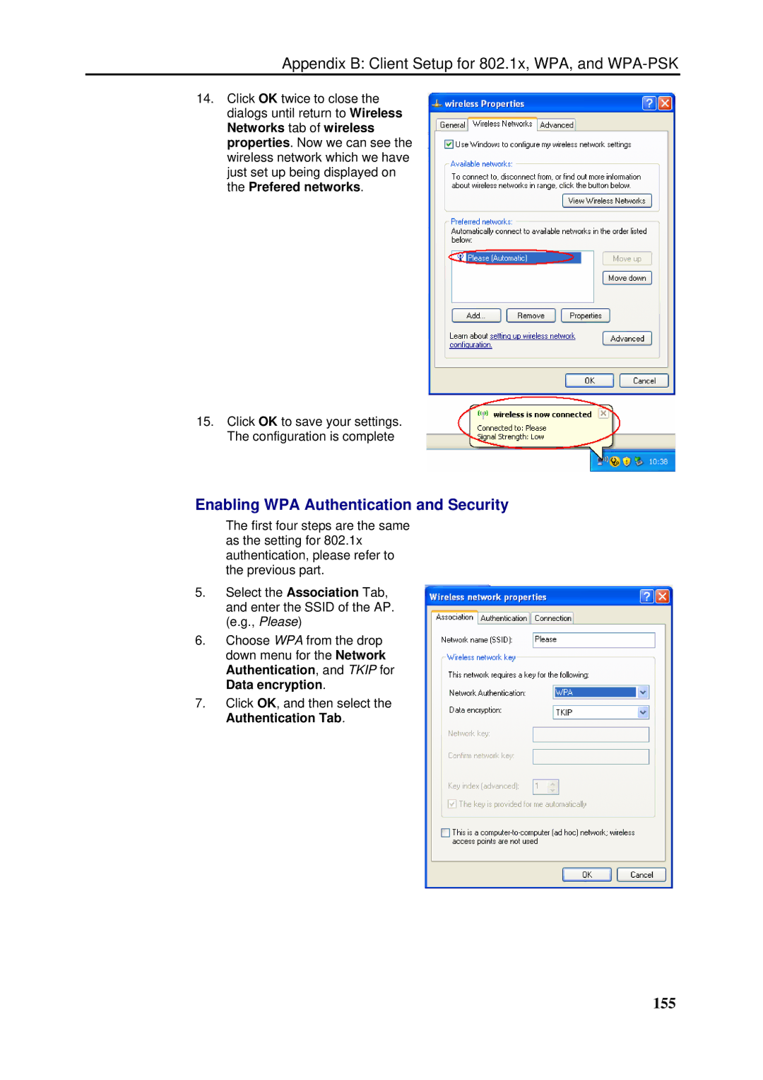 Dynalink RTA1046VW user manual Enabling WPA Authentication and Security, 155 