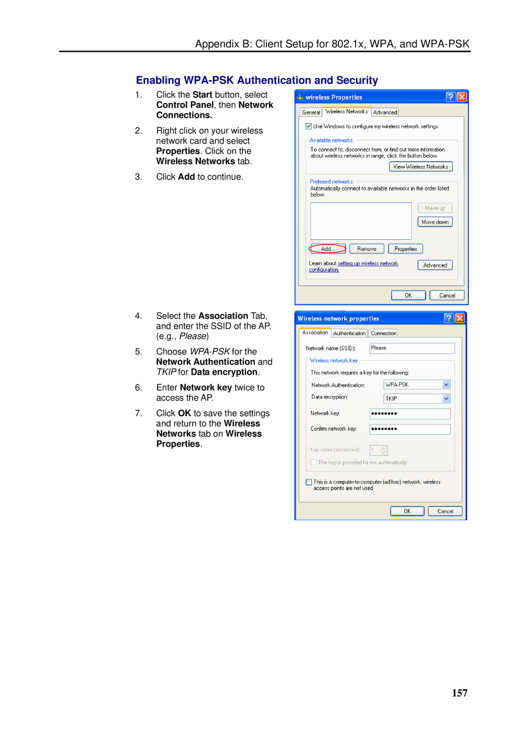 Dynalink RTA1046VW user manual Enabling WPA-PSK Authentication and Security, 157 