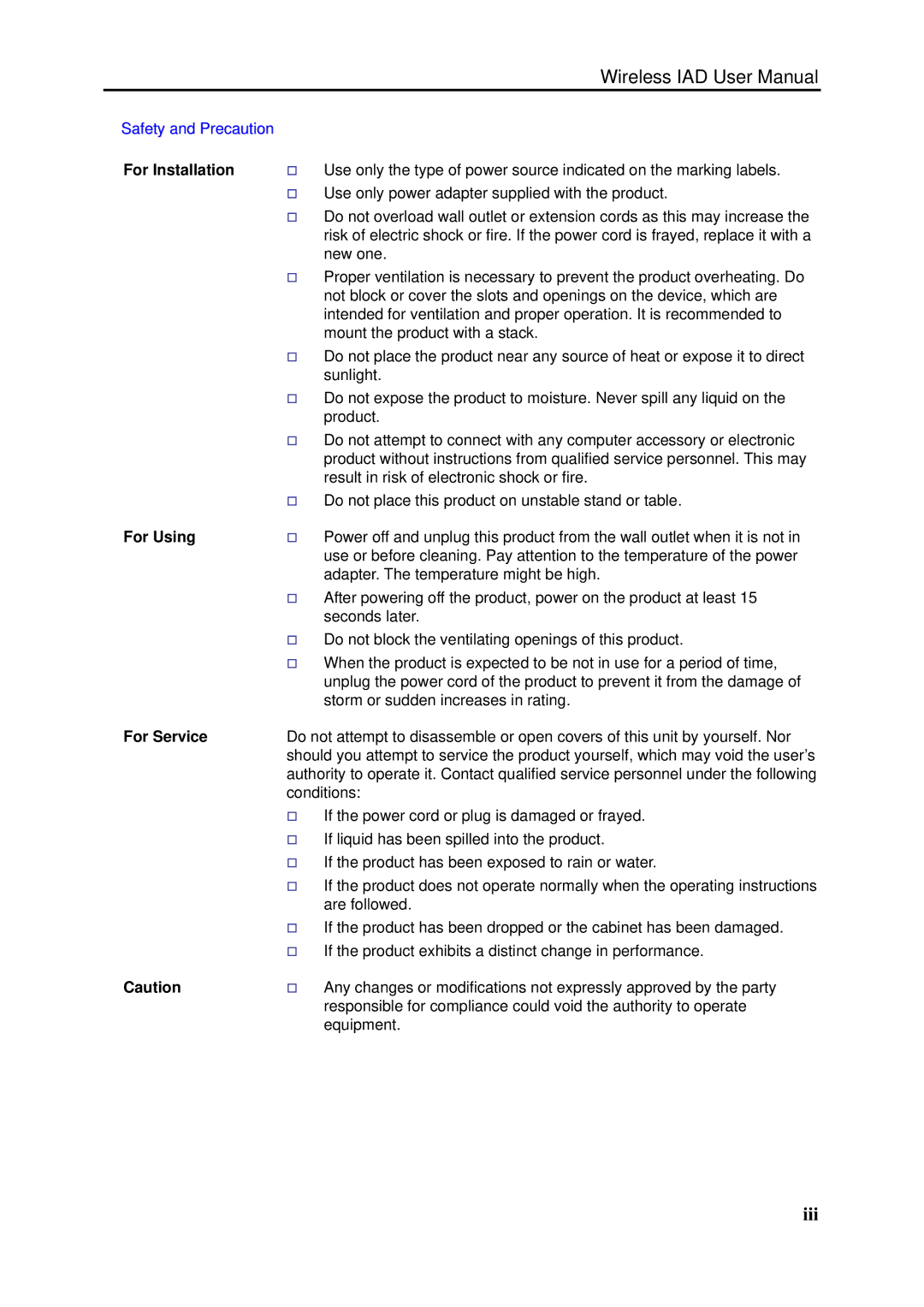 Dynalink RTA1046VW user manual Iii, For Installation, For Using, For Service 