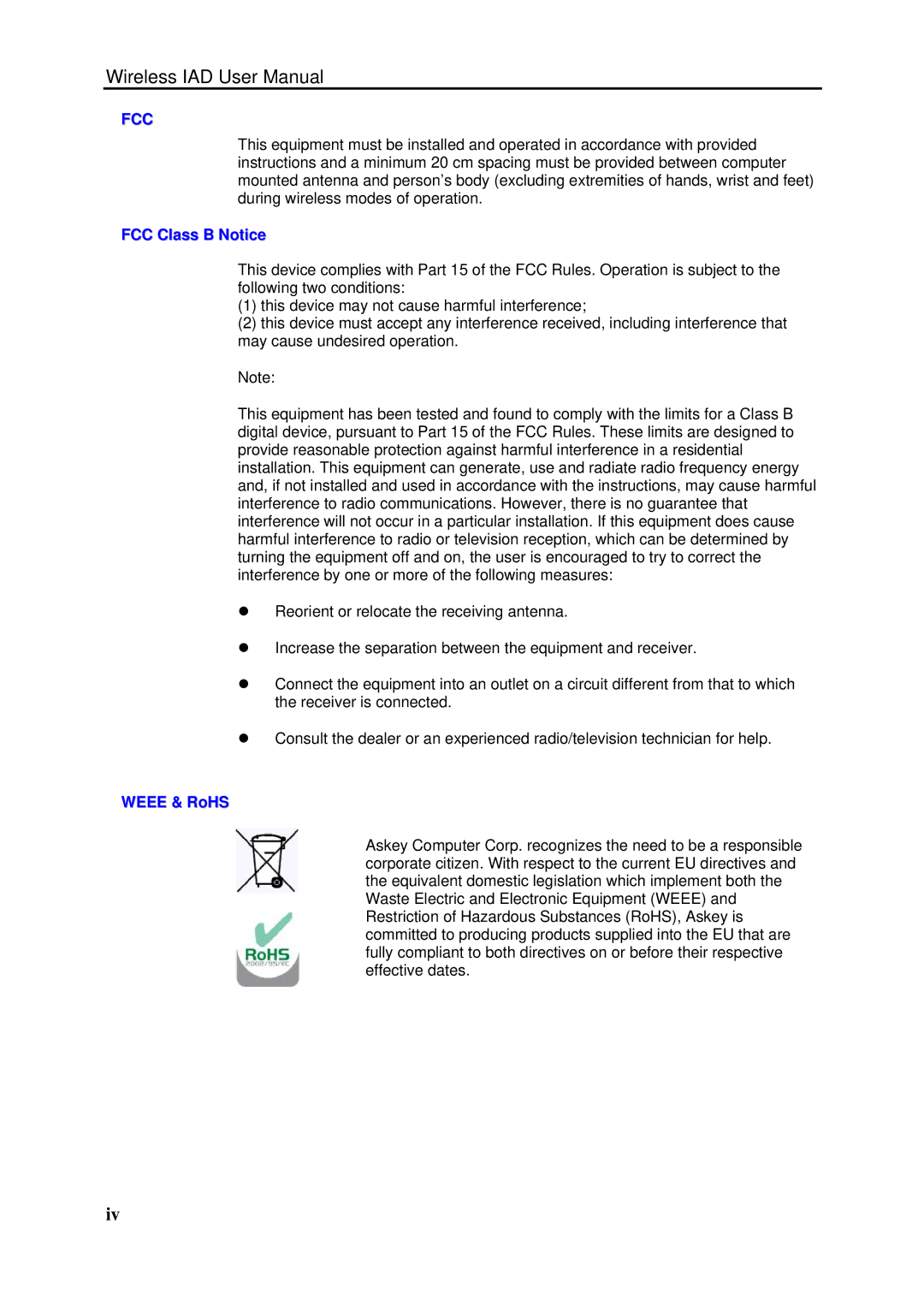 Dynalink RTA1046VW user manual Fcc 