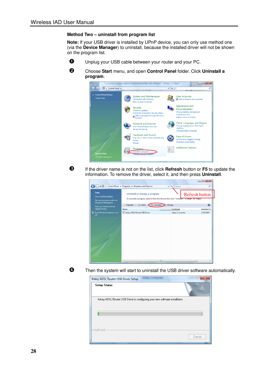 Dynalink RTA1046VW user manual Method Two uninstall from program list 