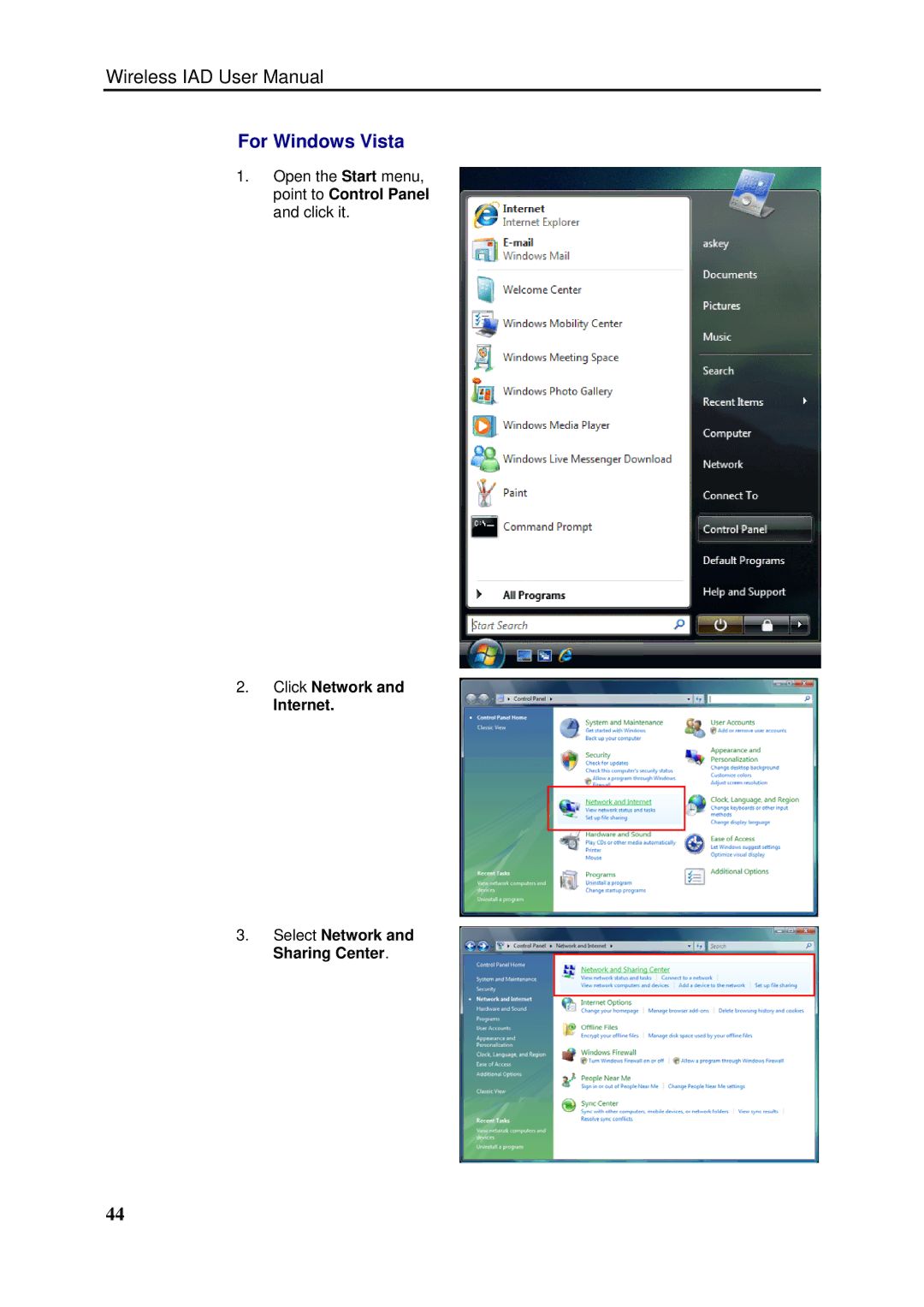 Dynalink RTA1046VW user manual For Windows Vista, Click Network Internet Select Network and Sharing Center 