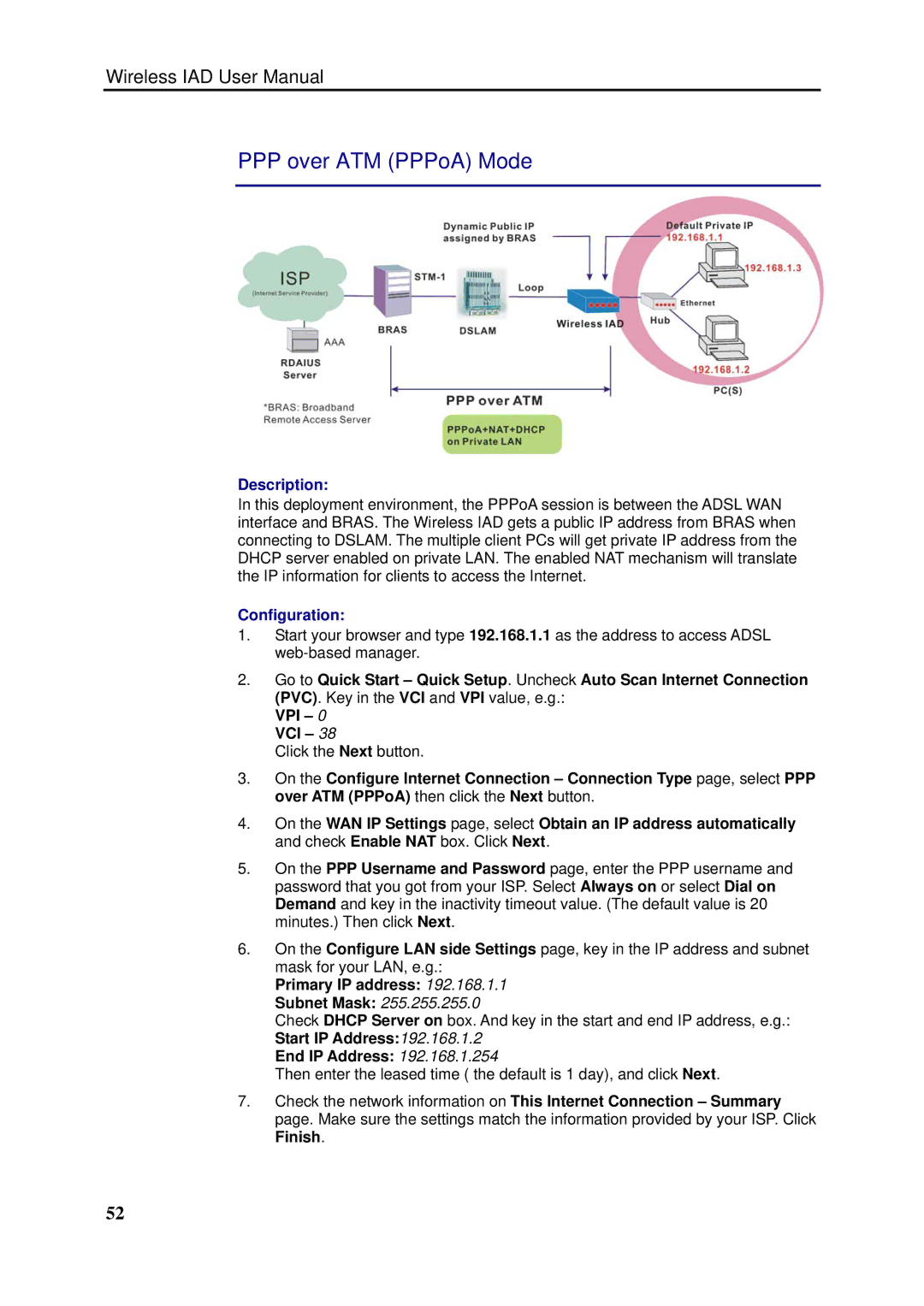 Dynalink RTA1046VW PPP over ATM PPPoA Mode, Description, Configuration, Primary IP address Subnet Mask, End IP Address 