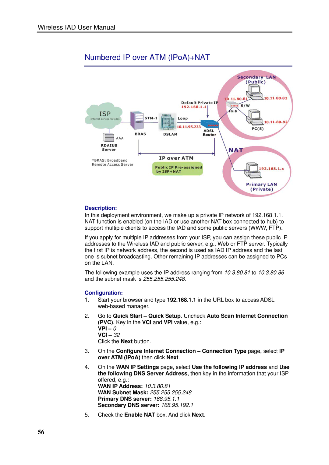 Dynalink RTA1046VW user manual Numbered IP over ATM IPoA+NAT 