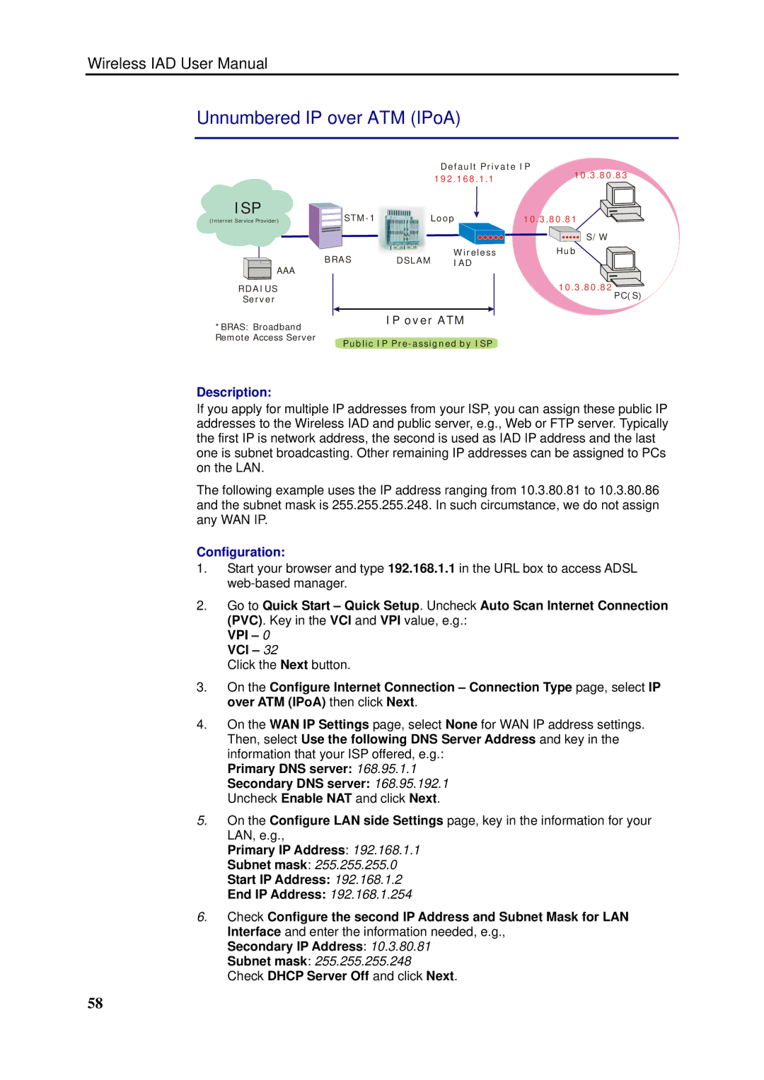 Dynalink RTA1046VW user manual Unnumbered IP over ATM IPoA, Check Dhcp Server Off and click Next 