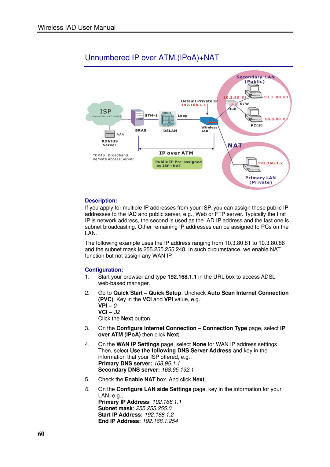 Dynalink RTA1046VW user manual Unnumbered IP over ATM IPoA+NAT, Primary DNS server Secondary DNS server 