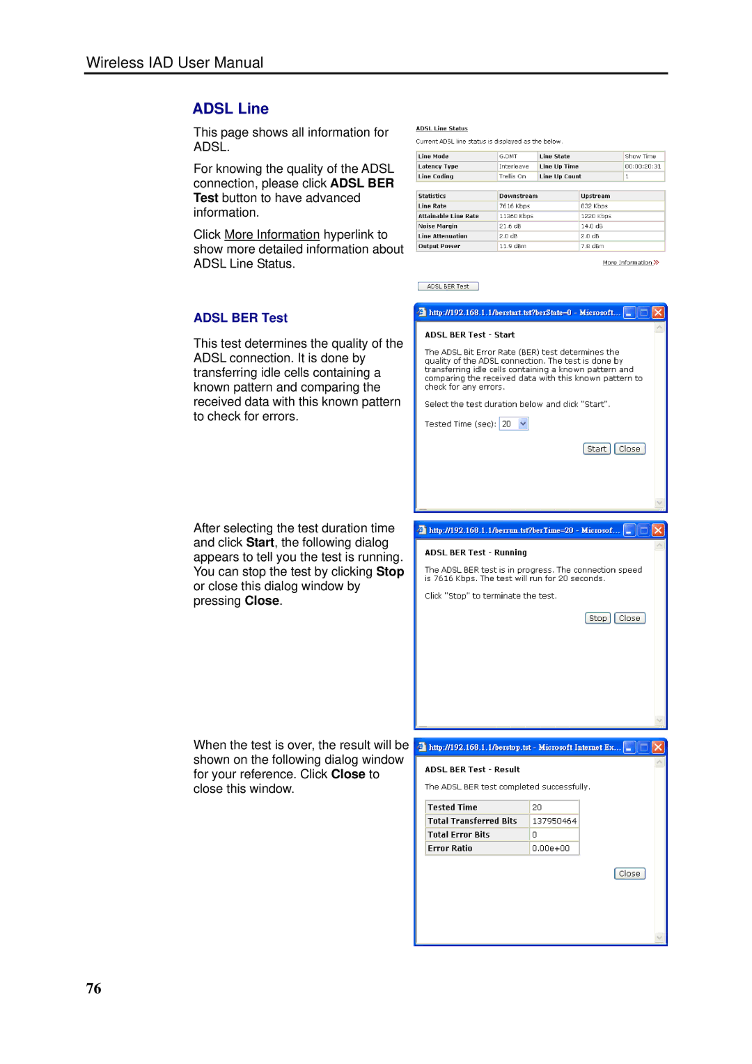 Dynalink RTA1046VW user manual Adsl Line, Adsl BER Test 