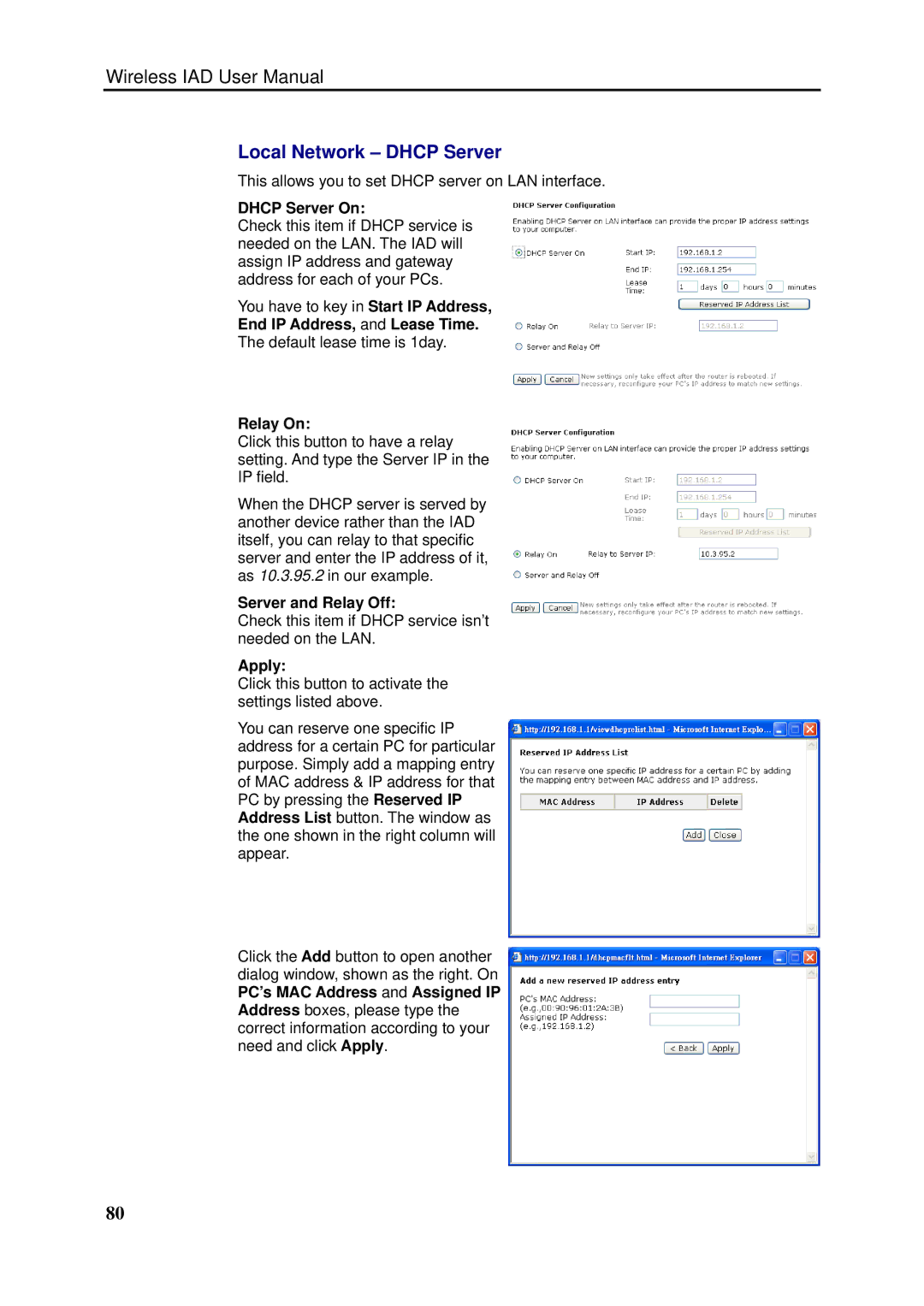 Dynalink RTA1046VW user manual Local Network Dhcp Server, Relay On, Server and Relay Off 