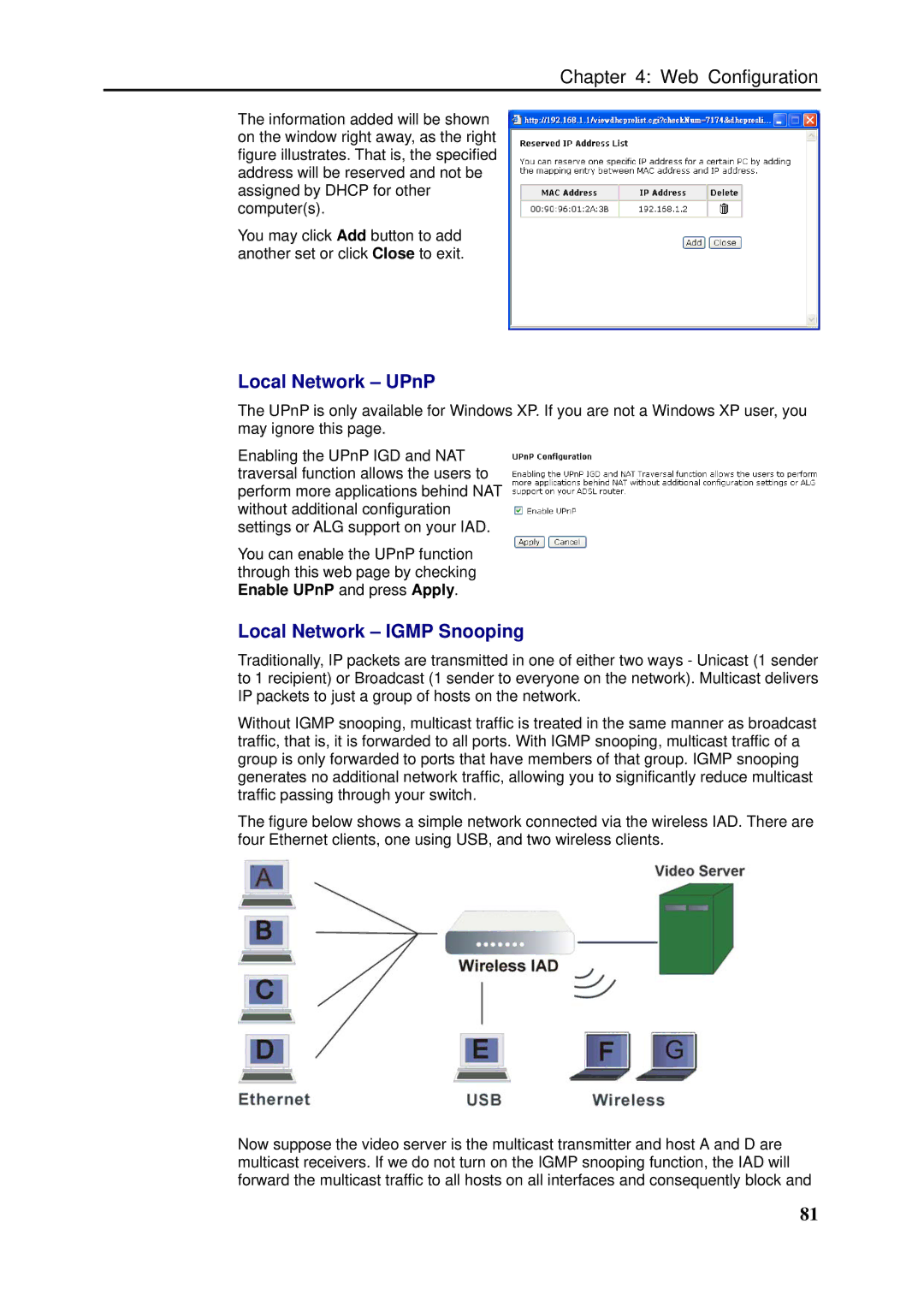 Dynalink RTA1046VW user manual Local Network UPnP, Local Network Igmp Snooping 