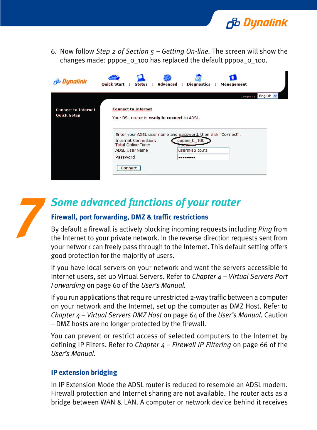 Dynalink RTA1335 setup guide Some advanced functions of your router, Firewall, port forwarding, DMZ & traffic restrictions 