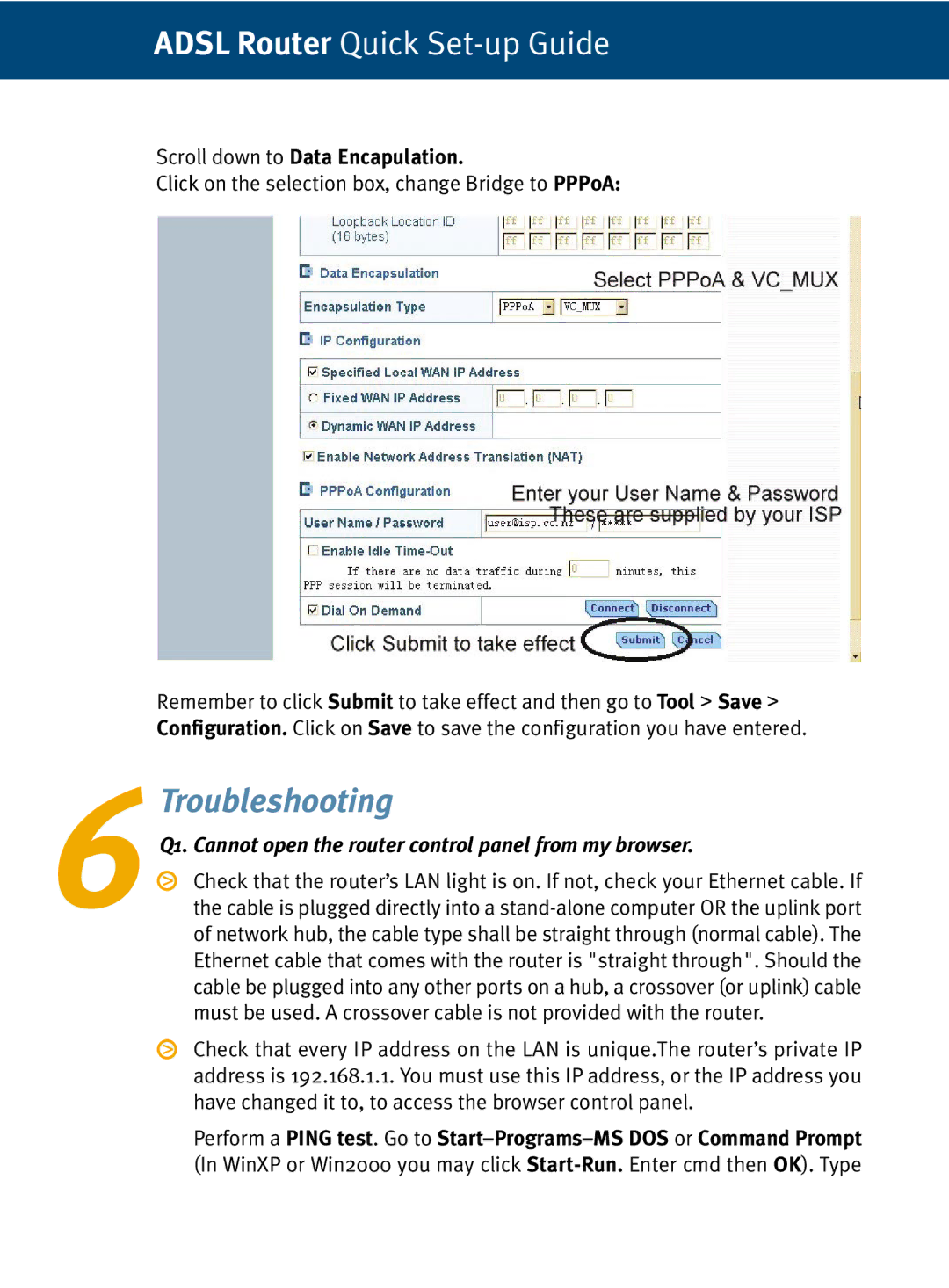 Dynalink RTA210 setup guide 6Troubleshooting, Scroll down to Data Encapulation 