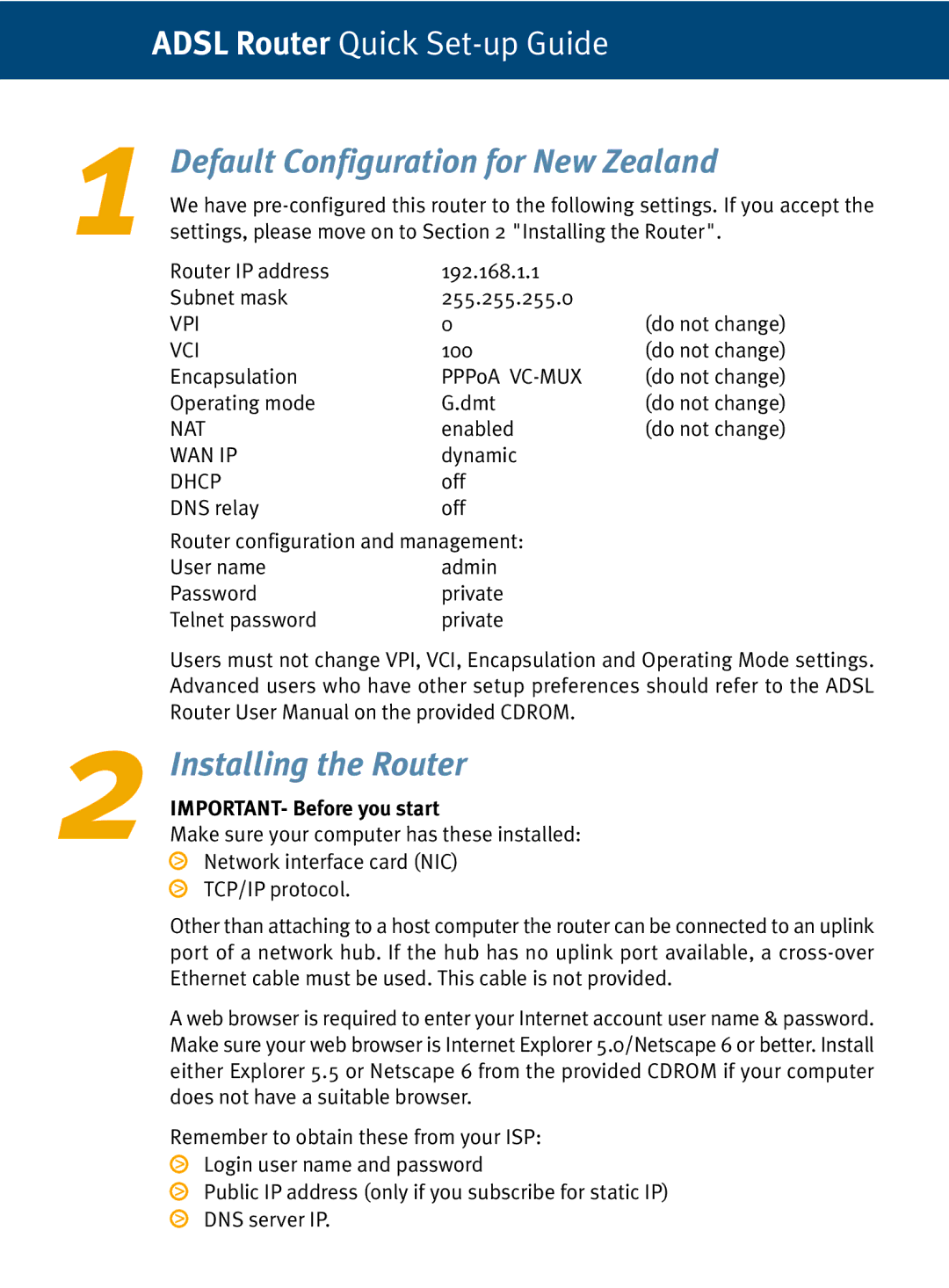 Dynalink RTA210 setup guide Default Configuration for New Zealand, Installing the Router 