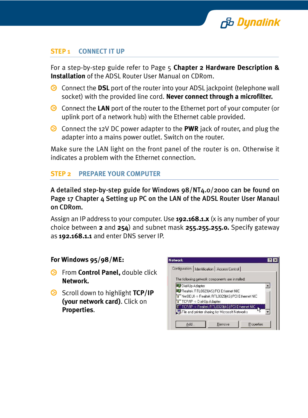 Dynalink RTA210 setup guide Connect IT UP, Prepare Your Computer, For Windows 95/98/ME, Network 