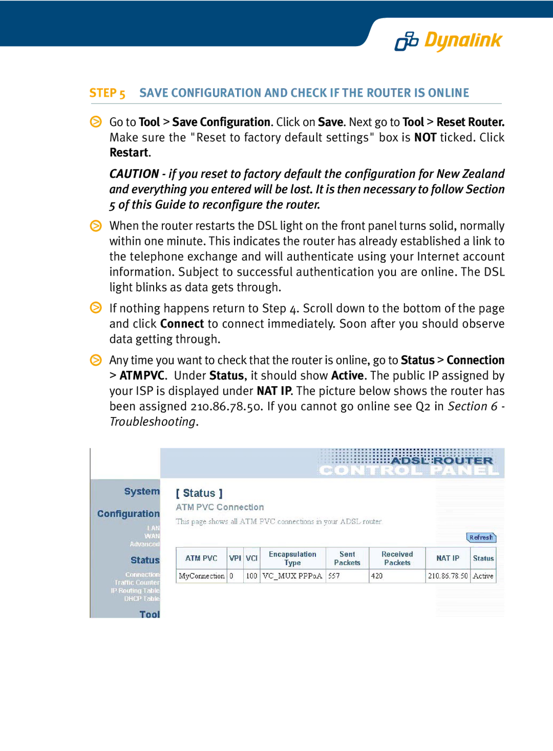 Dynalink RTA210 setup guide Save Configuration and Check if the Router is Online 