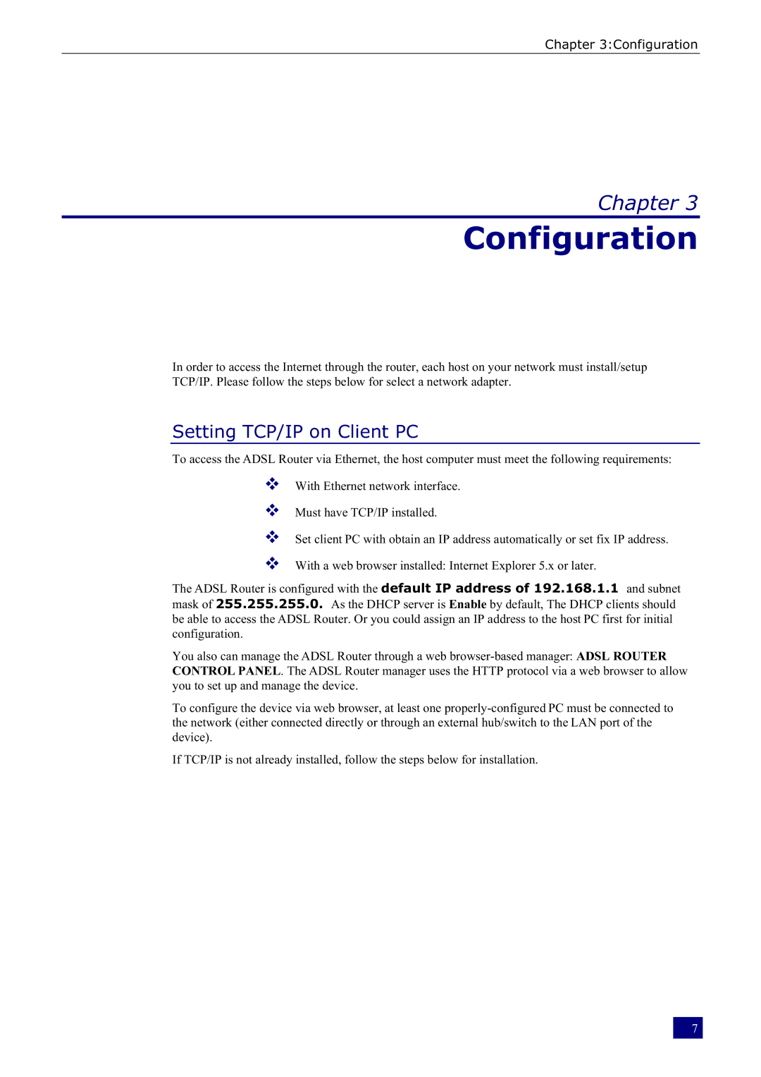 Dynalink RTA230 manual Configuration, Setting TCP/IP on Client PC 