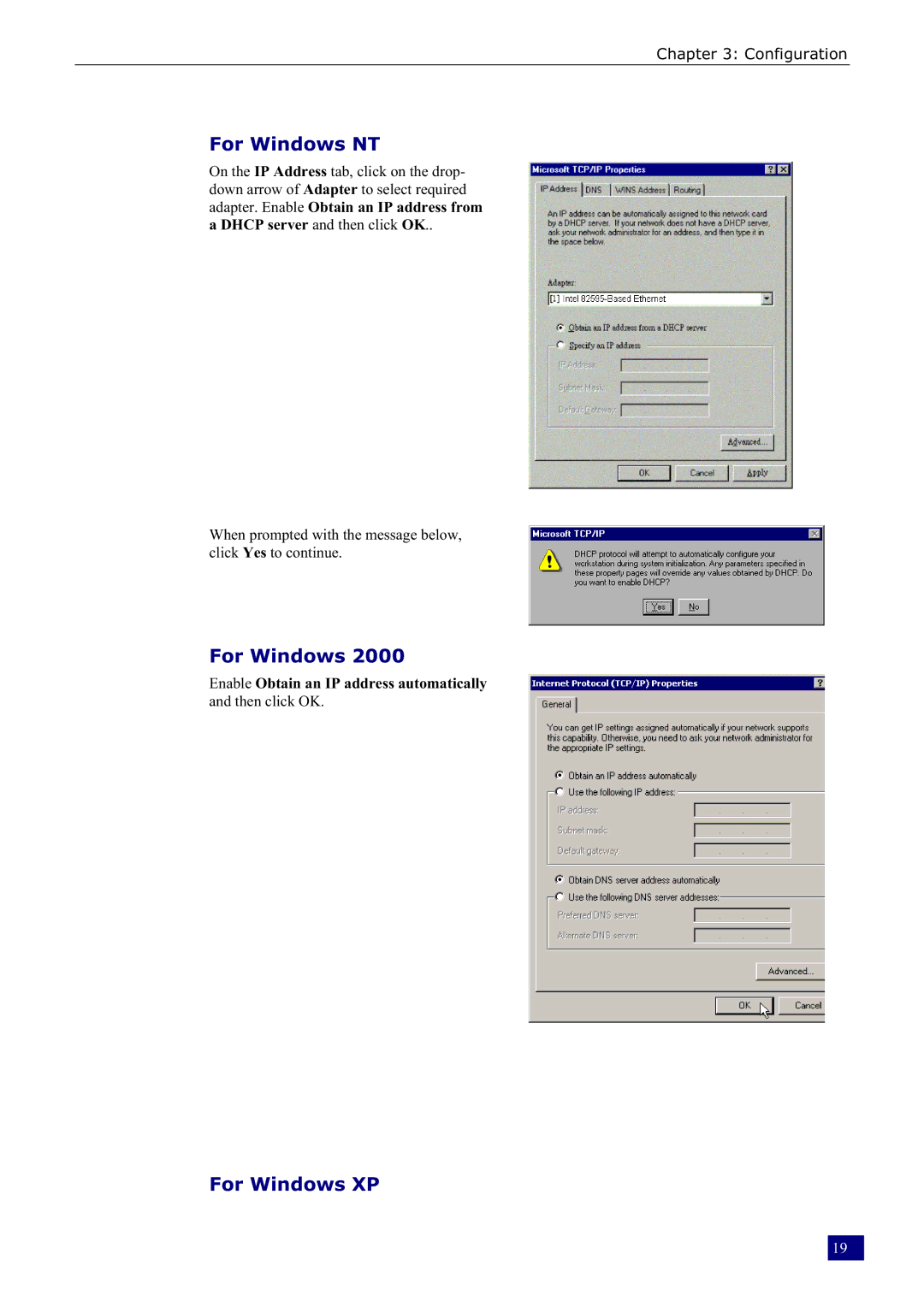 Dynalink RTA230 manual For Windows NT, Enable Obtain an IP address automatically and then click OK 