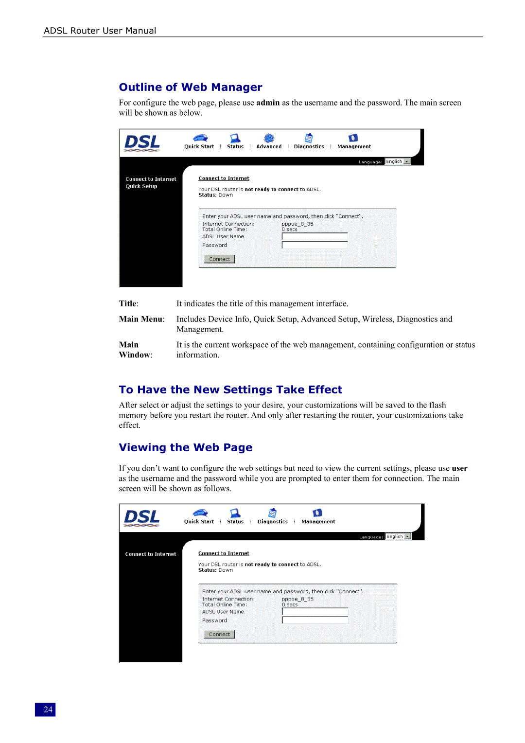 Dynalink RTA230 manual Outline of Web Manager, To Have the New Settings Take Effect, Viewing the Web 