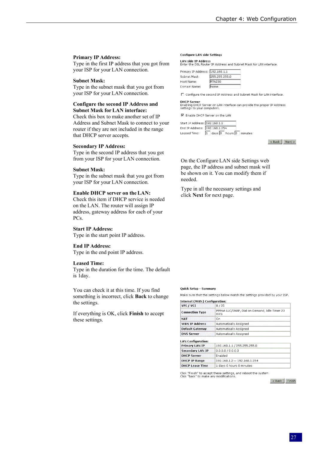 Dynalink RTA230 manual Primary IP Address, Subnet Mask, End IP Address, Leased Time 