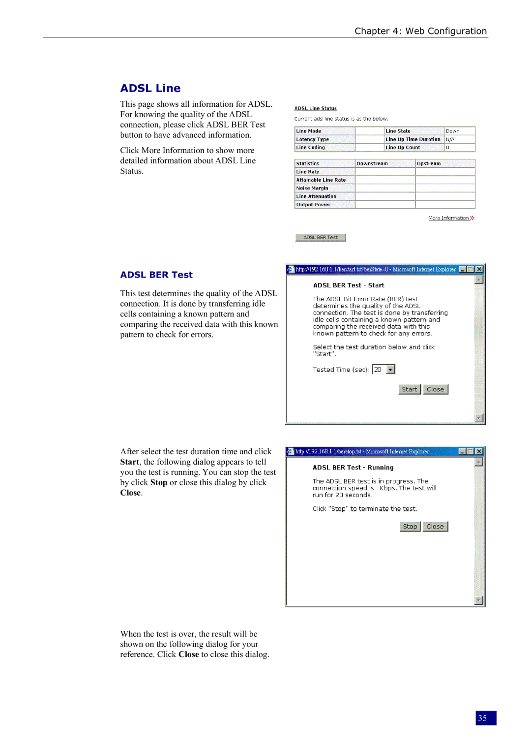 Dynalink RTA230 manual Adsl Line, Adsl BER Test 