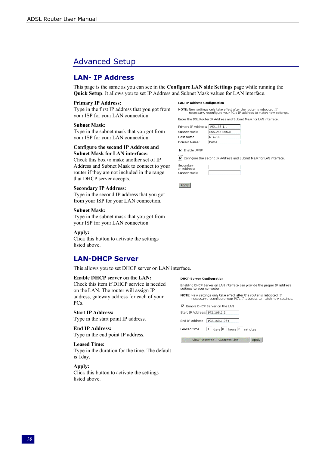 Dynalink RTA230 manual Advanced Setup, LAN- IP Address, LAN-DHCP Server, Apply 