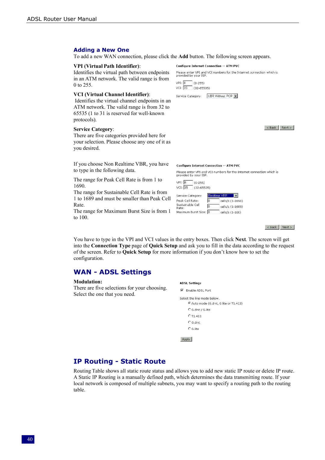 Dynalink RTA230 WAN Adsl Settings, IP Routing Static Route, Adding a New One, VPI Virtual Path Identifier, Modulation 