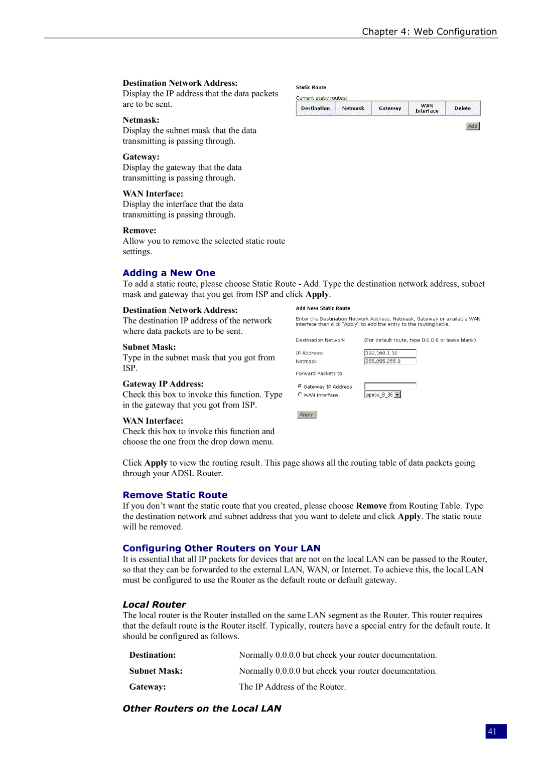 Dynalink RTA230 manual Remove Static Route, Configuring Other Routers on Your LAN 