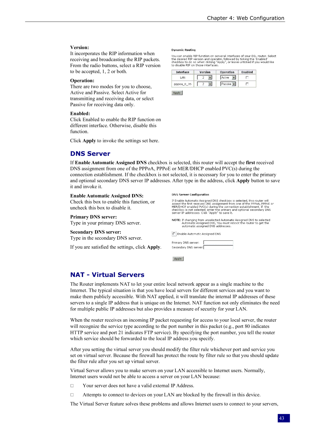 Dynalink RTA230 manual DNS Server, NAT Virtual Servers 