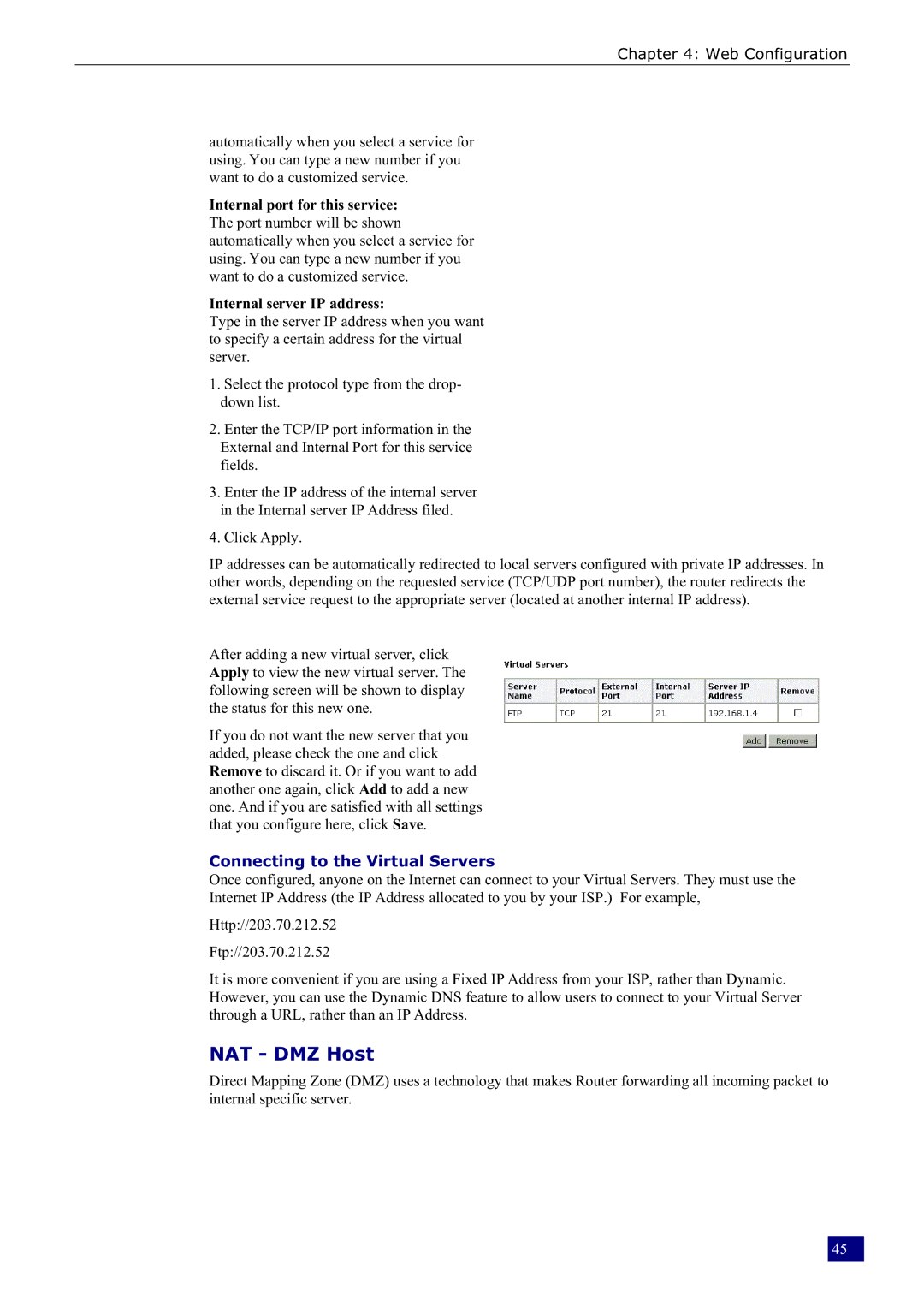 Dynalink RTA230 manual NAT DMZ Host, Connecting to the Virtual Servers 