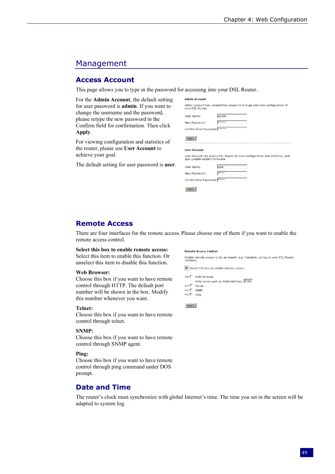 Dynalink RTA230 manual Management, Access Account, Remote Access, Date and Time 