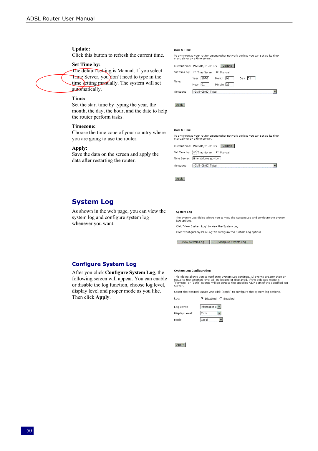 Dynalink RTA230 manual Configure System Log 