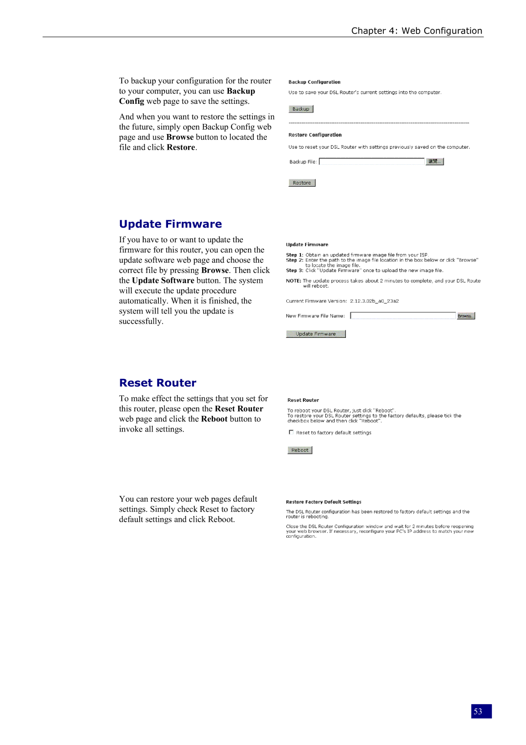 Dynalink RTA230 manual Update Firmware, Reset Router 