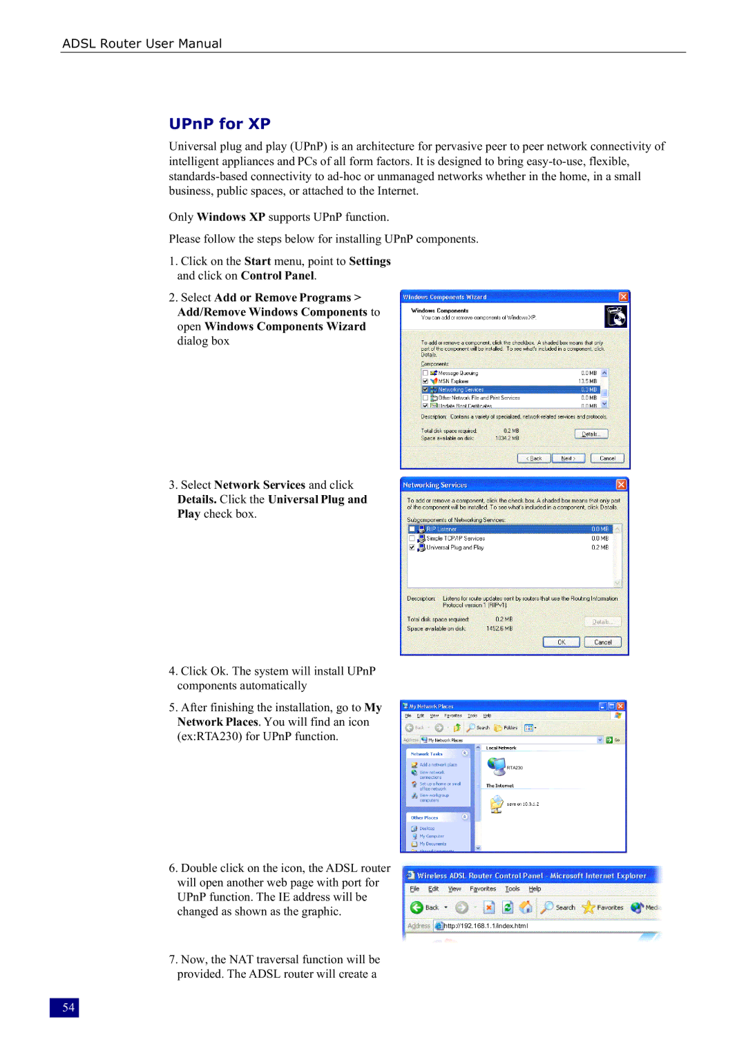 Dynalink RTA230 manual UPnP for XP 