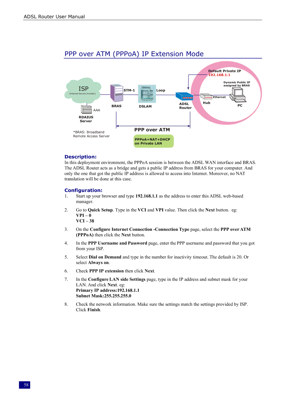 Dynalink RTA230 manual PPP over ATM PPPoA IP Extension Mode, Check PPP IP extension then click Next 