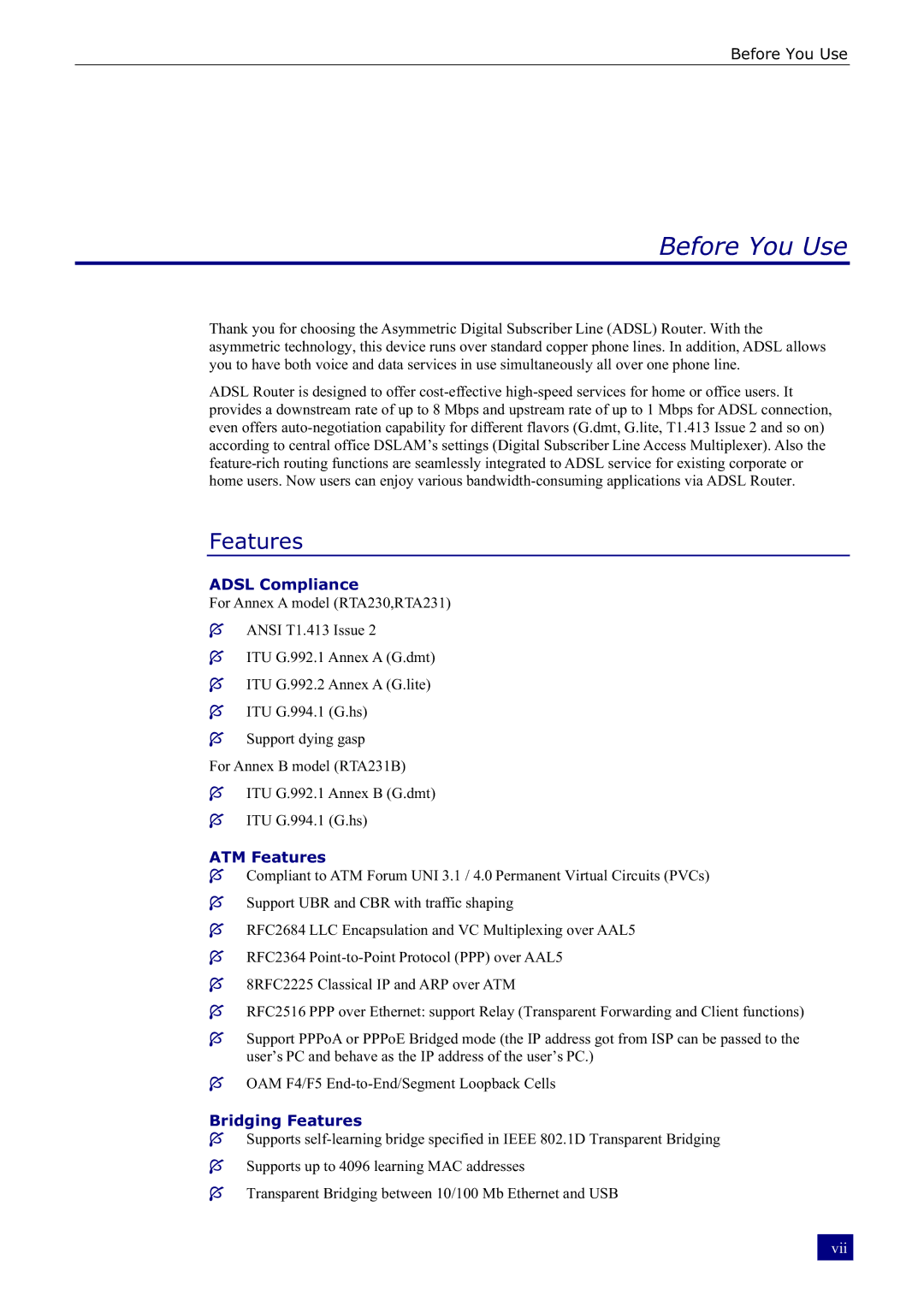 Dynalink RTA230 manual Adsl Compliance, ATM Features, Bridging Features 