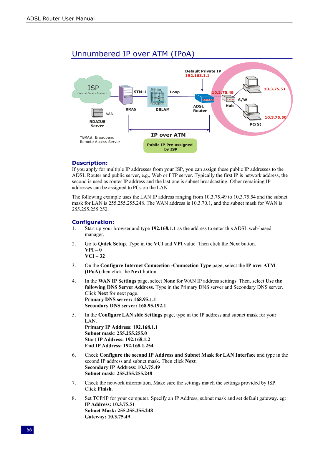 Dynalink RTA230 manual Unnumbered IP over ATM IPoA, Primary DNS server Secondary DNS server 