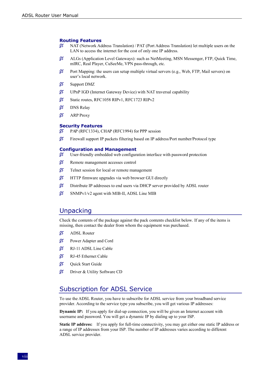 Dynalink RTA230 manual Unpacking, Subscription for Adsl Service, Routing Features, Security Features 