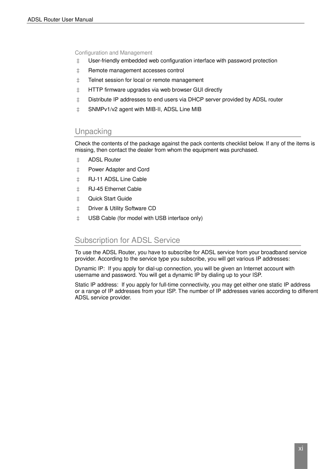 Dynalink RTA770W user manual Unpacking, Subscription for Adsl Service, Configuration and Management 