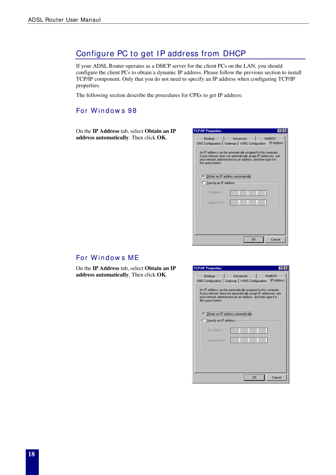 Dynalink RTA770W user manual Configure PC to get IP address from Dhcp, For Windows 