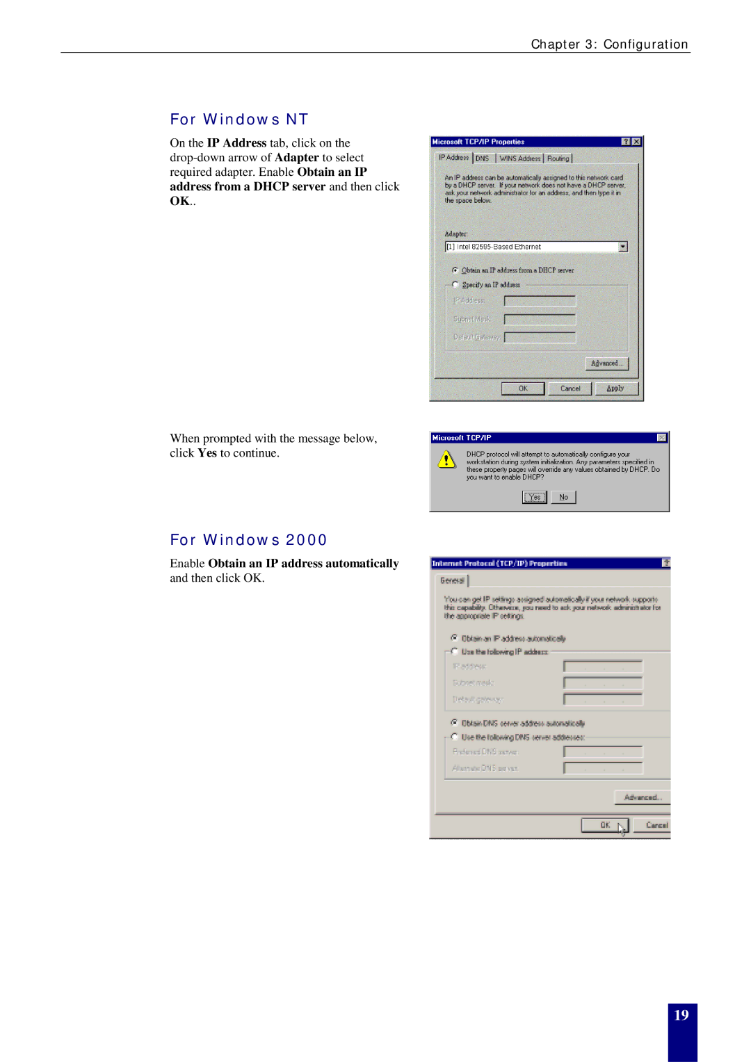 Dynalink RTA770W user manual For Windows NT, Enable Obtain an IP address automatically and then click OK 