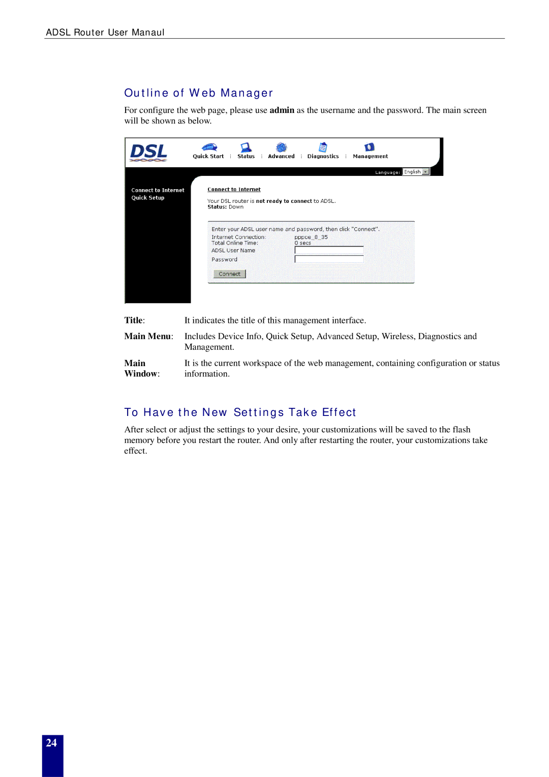 Dynalink RTA770W user manual Outline of Web Manager, To Have the New Settings Take Effect 