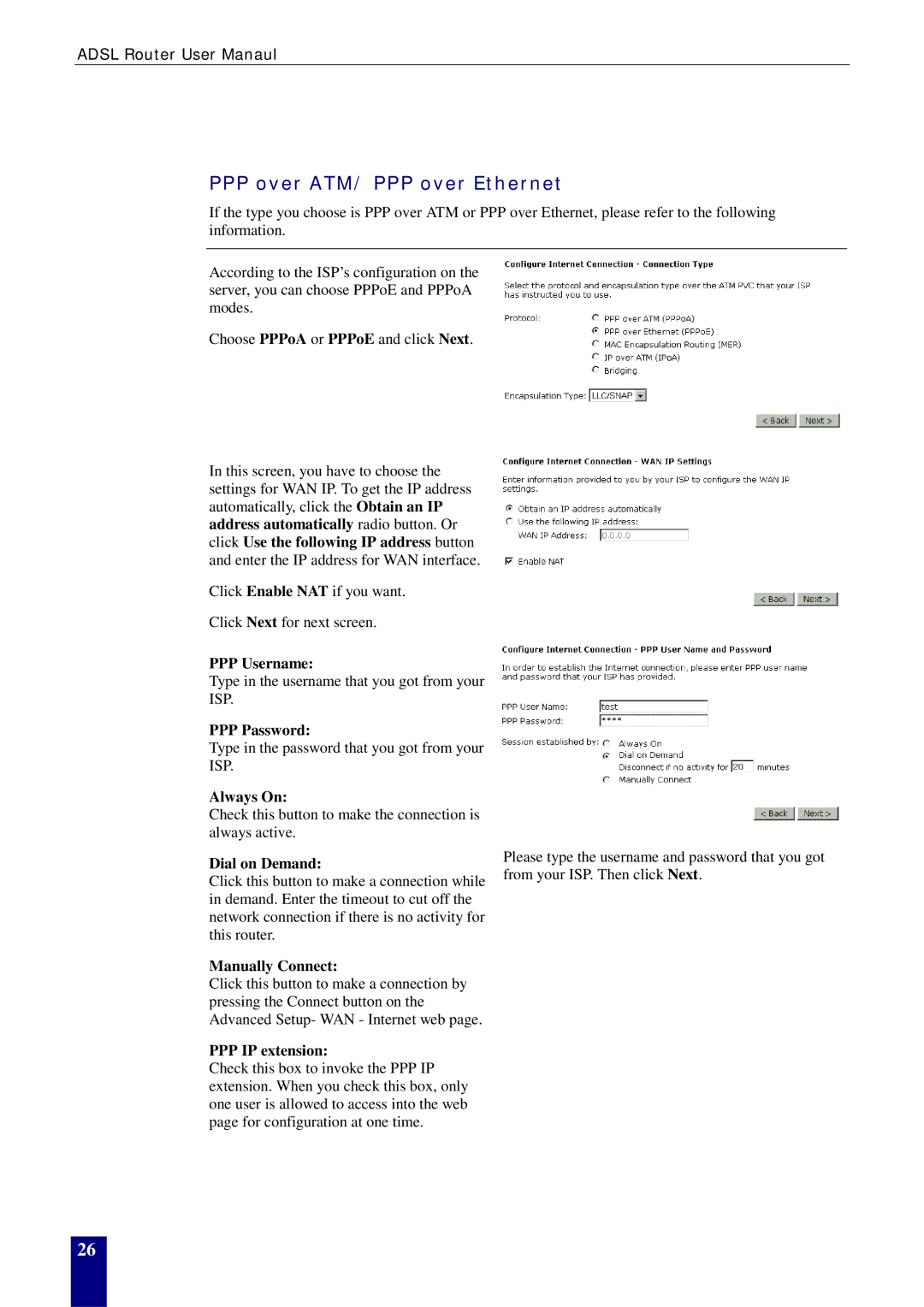 Dynalink RTA770W user manual PPP over ATM/ PPP over Ethernet 